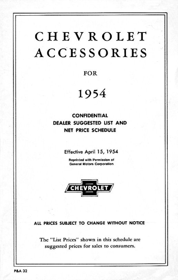 1954 Chevrolet Accessories Price List